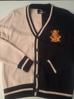 Vintage Preppy Rue21 Black & Cream Two-Tone Crest V-Neck Cardigan